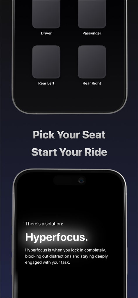 Focus Ride - Deepfocus Timer - Focus Ride app interface showing seat selection and a description of hyperfocus mode.