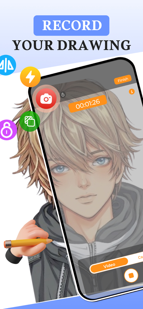 AR Draw: Trace & Paint - A smartphone screen recording an anime character sketch using the AR Draw app record feature