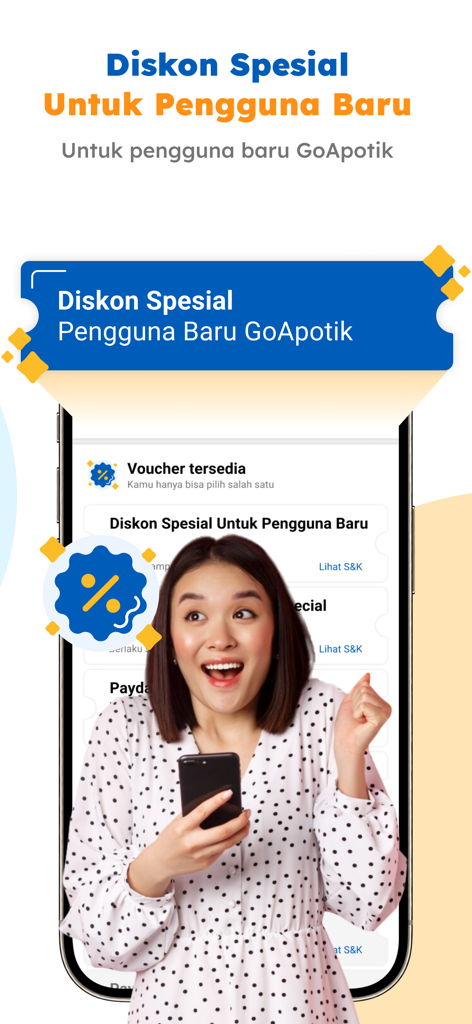 GoApotik: #ApotikTapiOnline - Promotional screen for GoApotik app offering special discounts for new users with an image of a happy woman using a smartphone