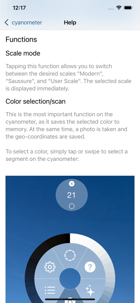 Cyanometer - Cyanometerアプリのヘルプページ。機能とスケールモードを説明しています。