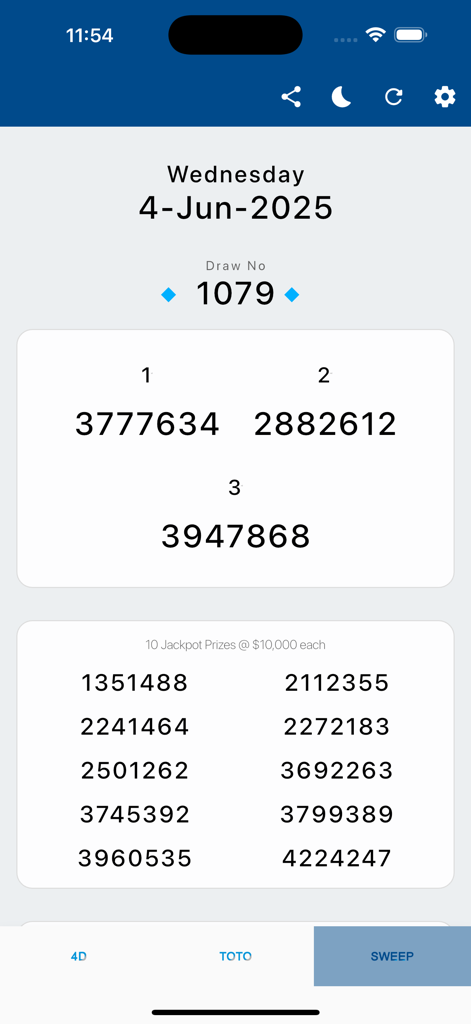 Singapore Sweep lottery results interface displaying draw 1079 with winning numbers and jackpot prizes