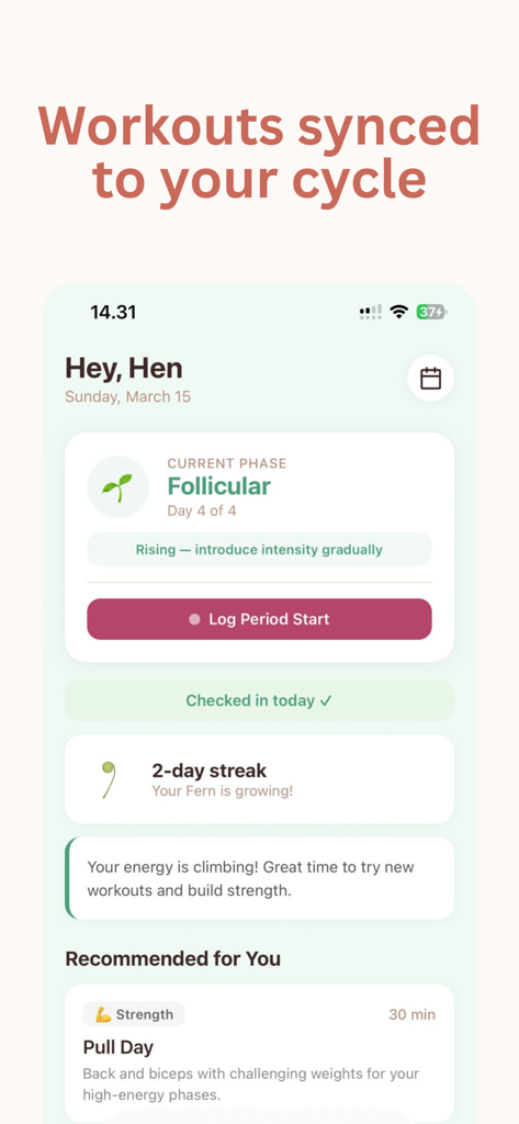 Rasa: Cycle Sync Fitness - Rasa fitness app dashboard showing personalized workouts synced to the follicular menstrual cycle phase
