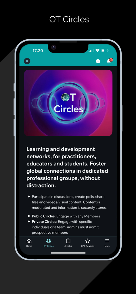 Schermata dell'app mobile The OT Hub che mostra la sezione OT Circles per il networking professionale e i gruppi di apprendimento per professionisti della terapia occupazionale.