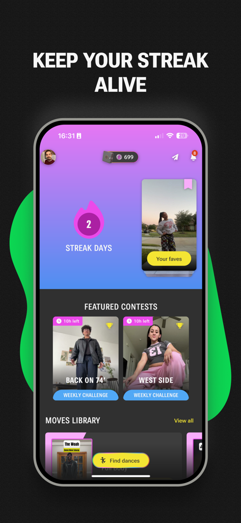 Groovetime - Social Dance Game - Interfaz de la aplicación Groovetime con una racha de dos días y desafíos de baile semanales.