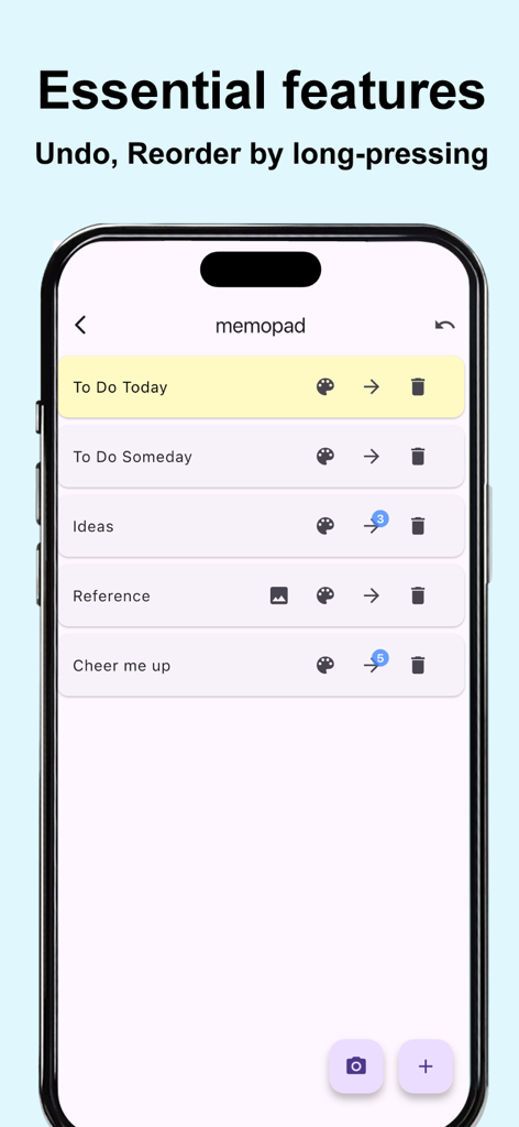 Minimalist interface of Memo-Only Memopad showing a list of memos with undo and reorder features