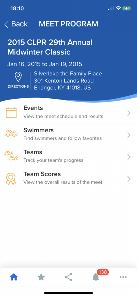 Meet Mobile Swim app interface showing the Meet Program menu for a swimming competition