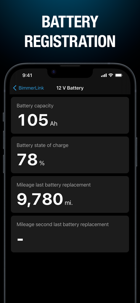 BimmerLink app screen for BMW and MINI battery registration and state of charge monitoring