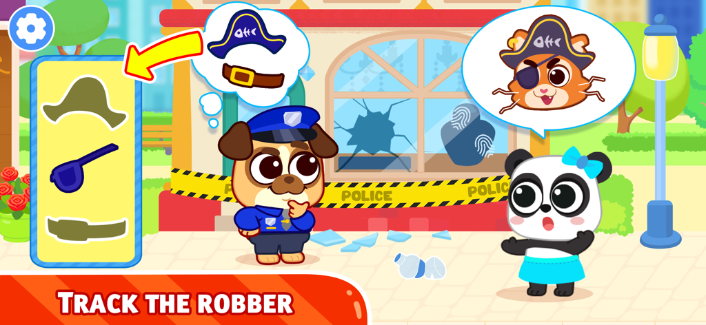 Um cachorro policial e um panda investigando uma cena de roubo com um gato pirata suspeito em uma cidade de desenho animado