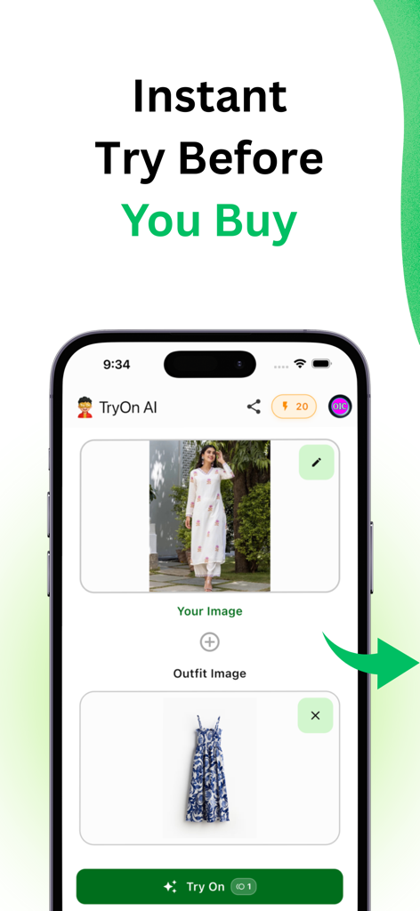 TryOn AI app interface showing virtual outfit try on with user photo and dress selection