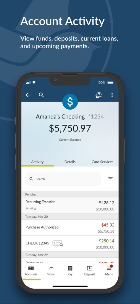 Latino Community Credit Union - A smartphone showing the account activity screen of the Latino Community Credit Union mobile app with current balance and transaction list