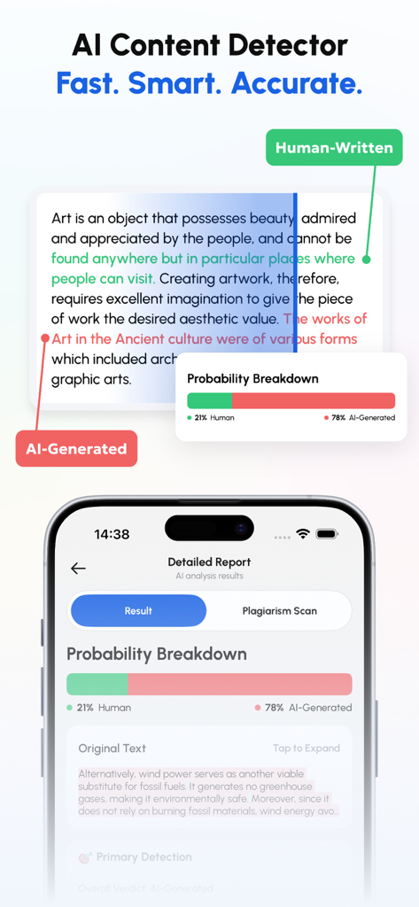 GPT Content Detector - Scan AI - Detailed report screen showing AI content detection probability and sentence analysis.