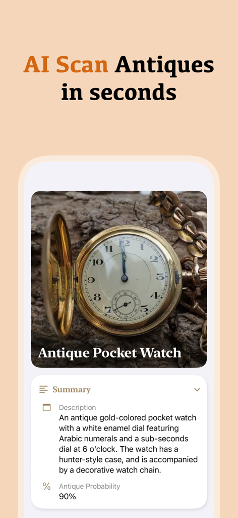 AI identification of an antique gold pocket watch in the Antique Identifier app