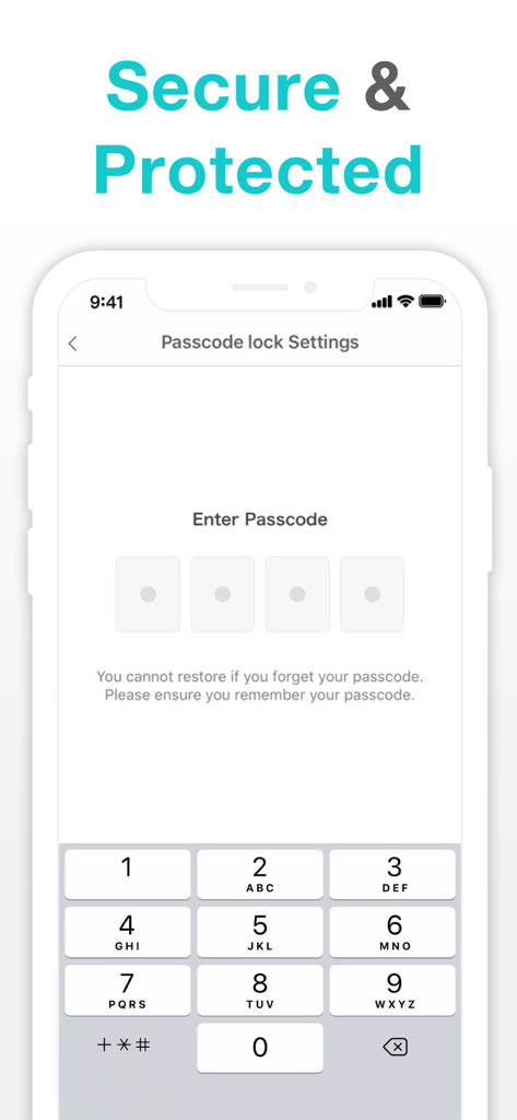 Passcode lock screen of the Simple Diary app showing a numeric keypad for secure access