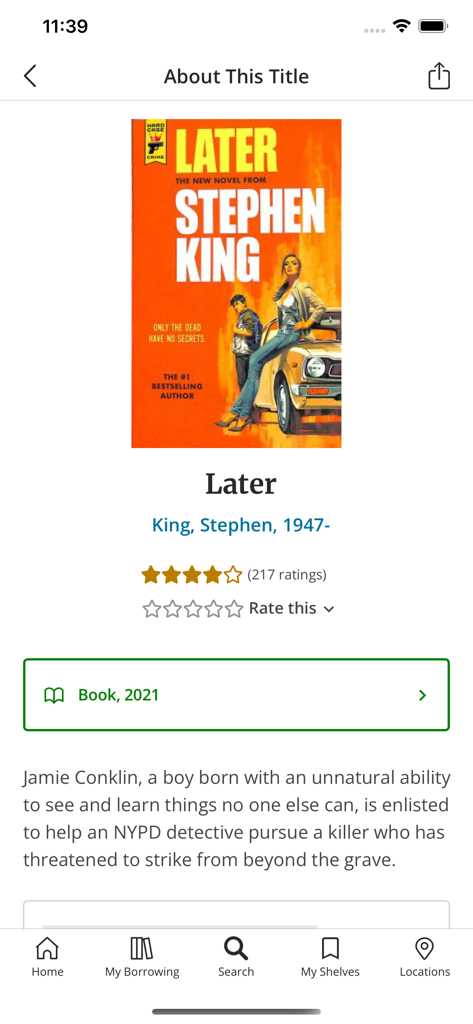 Surrey Libraries - Book detail page in the Surrey Libraries app for Later by Stephen King including cover art and synopsis