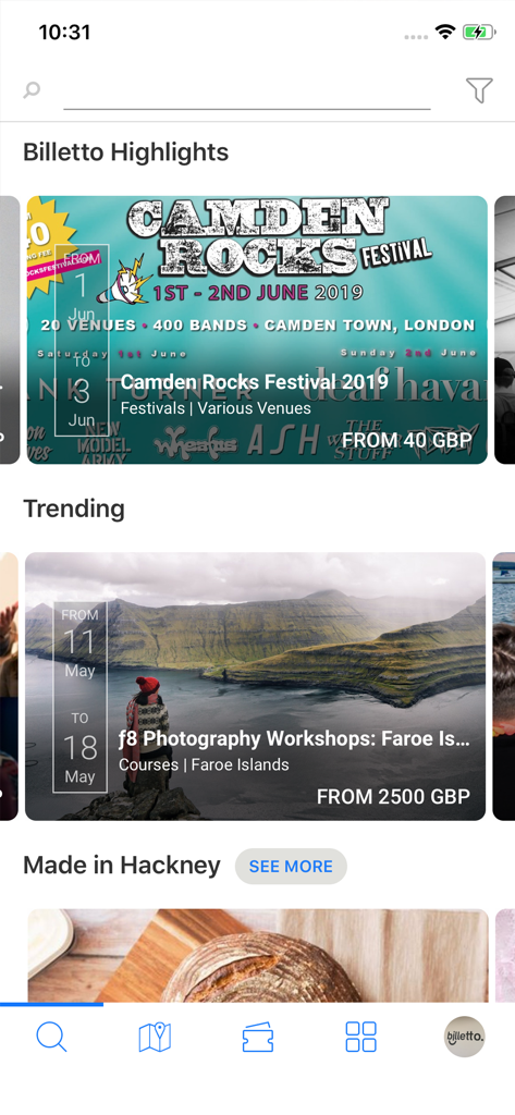 Billetto - events calendar - Billettoモバイルアプリのインターフェース。注目のイベントとトレンドのカルチャーイベントが表示されています。