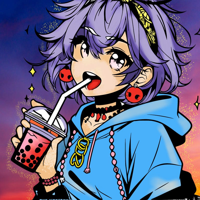hot baddie anime girl drinking boba and biting the straw