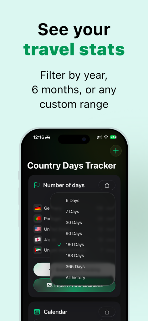 TripTrack: Days Abroad Counter - Screenshot of TripTrack app showing country day counts with a dropdown menu to filter by custom date ranges like 90 or 183 days