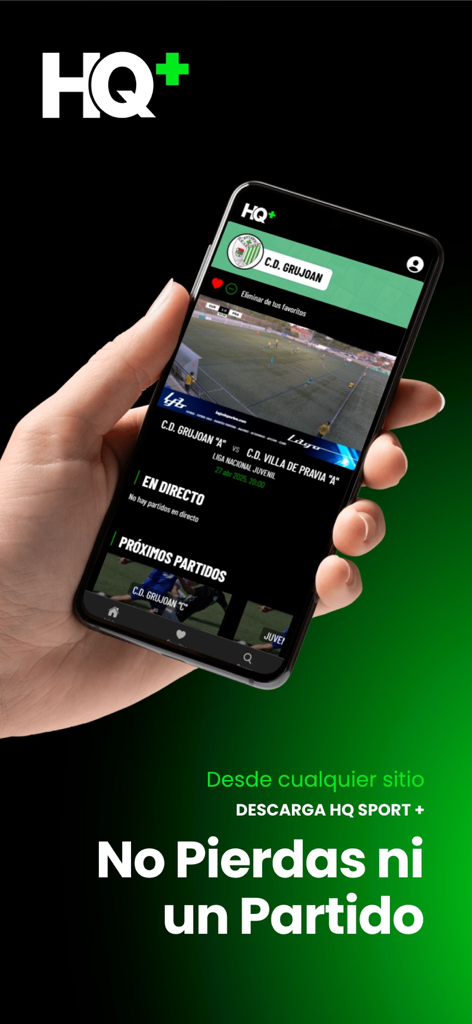 HQ Sport + - Écran de smartphone affichant l'application HQ Sport plus avec un match de football en direct et le calendrier des prochains matchs