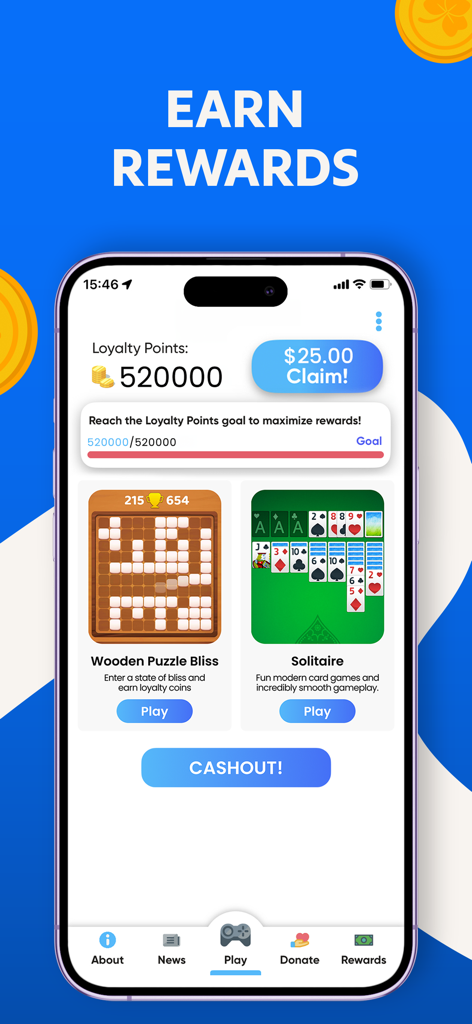JustPlay: Earn Loyalty Rewards - Interfaz de la aplicación JustPlay que muestra el saldo de puntos de fidelidad y las opciones de canje de recompensas por jugar juegos móviles