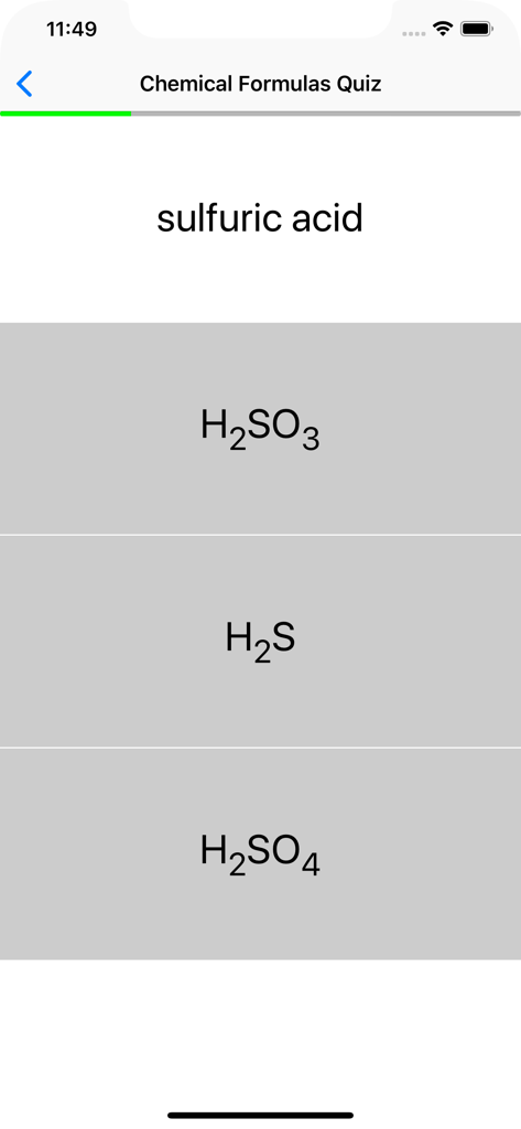 Multiple choice quiz question asking for the chemical formula of sulfuric acid