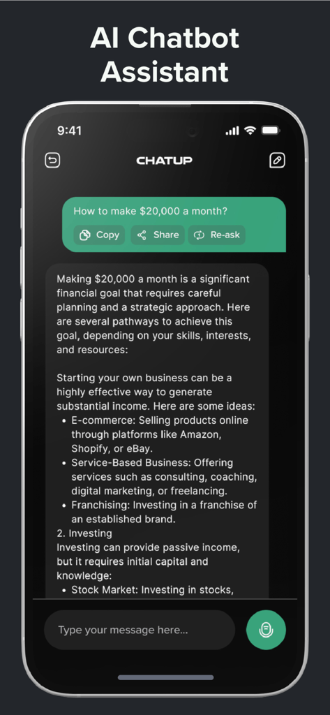 ChatUp AI - Chat Bot Assistant - ChatUp AI chatbot interface showing business and investment advice on an iPhone.