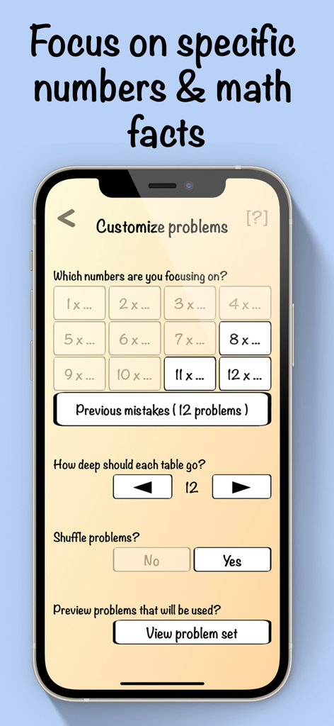 Mental Math Cards Games & Tips - Interface for customizing mental math problems by selecting specific numbers and multiplication facts.