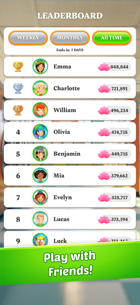 Word Shop - Fun Spelling Games - Leaderboard screen in Word Shop game showing top players and rankings