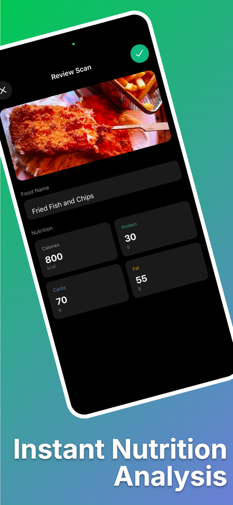 foodie - ai cal food tracker - CalAI app interface showing instant nutrition analysis for fried fish and chips including calories and macros