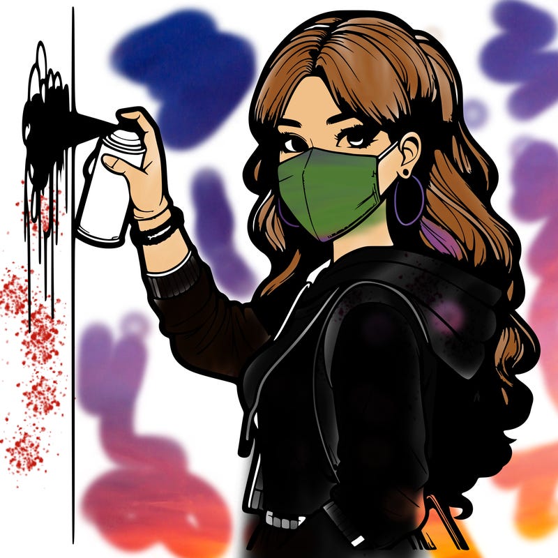 realistic girl with mask spray painting a wall