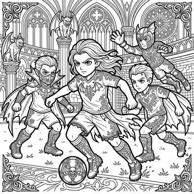 Dive into a unique coloring adventure where the thrill of soccer meets the mystique of Gothic fantasy. This page features energetic strikers in ornate, dark-themed uniforms, ready for an epic match.