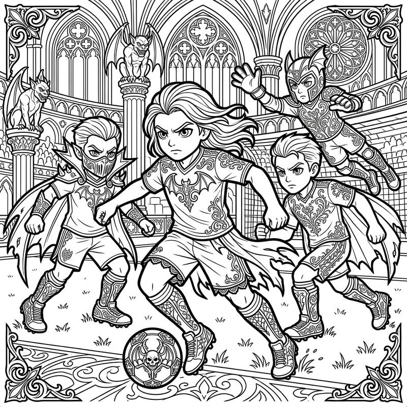 Dive into a unique coloring adventure where the thrill of soccer meets the mystique of Gothic fantasy. This page features energetic strikers in ornate, dark-themed uniforms, ready for an epic match.