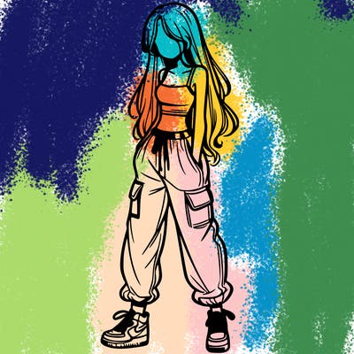 girl in baggy pants crop top and long hair