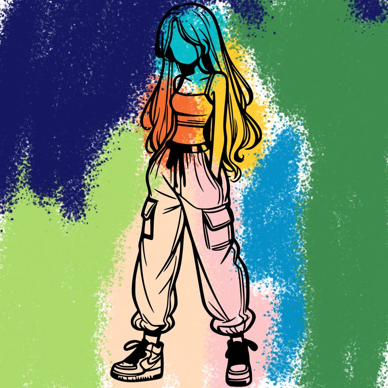 girl in baggy pants crop top and long hair