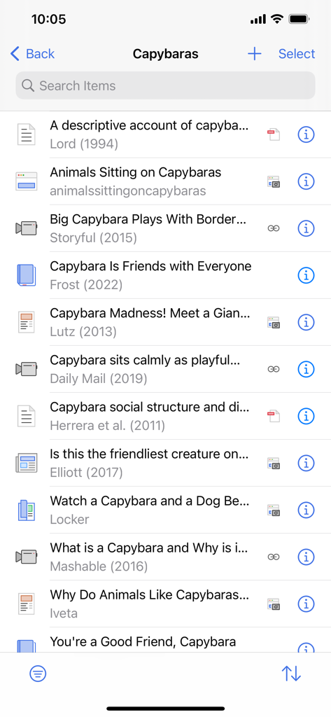 Zotero - Eine Liste von Forschungsquellen und Dokumenten in der mobilen Zotero-App unter einer Sammlung namens Capybaras.