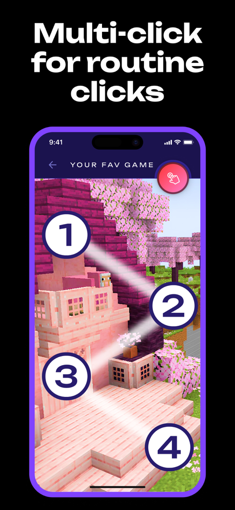 Mobile screen showing numbered multi-click sequence for automated tapping in a game environment