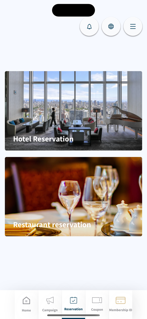 Miyako Plus app screen showing options for hotel and restaurant reservations with a navigation menu