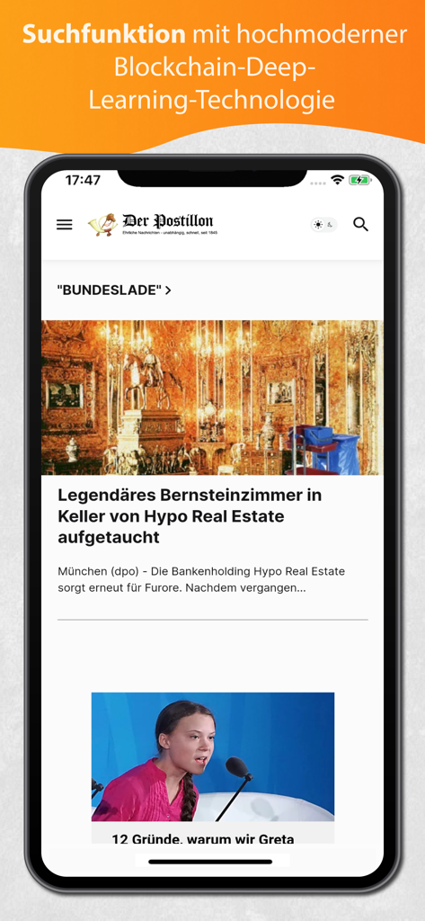 The Postillon satirical news app interface displaying a mock news headline on a mobile device.