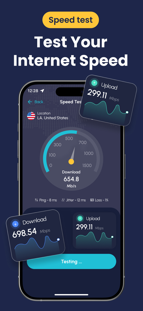 United VPN - Fast & Secure DNS - United VPN mobile app screen showing an internet speed test with download and upload metrics