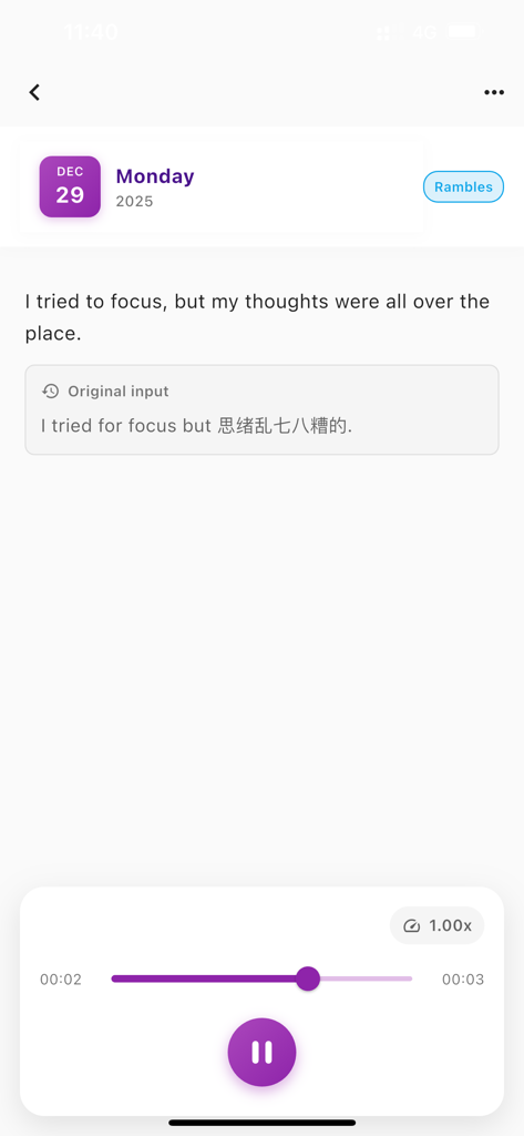 Lingo Journal - A journal entry in the Lingo Journal app displaying a translated sentence and an audio playback bar for pronunciation.