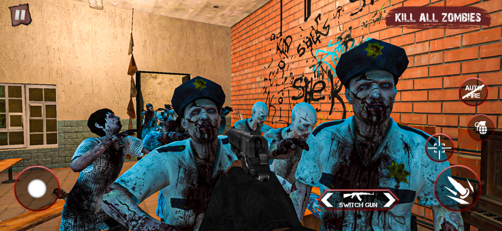 First person shooter gameplay of Zombies 3D Shooting FPS Game with the player targeting zombies