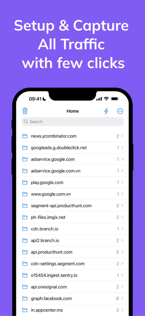 Interfaz de la app Proxyman que muestra una lista de dominios de red capturados para depuración.