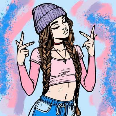 realistic teenage girl with braids and a beanie and crop top doing 🫶🏼