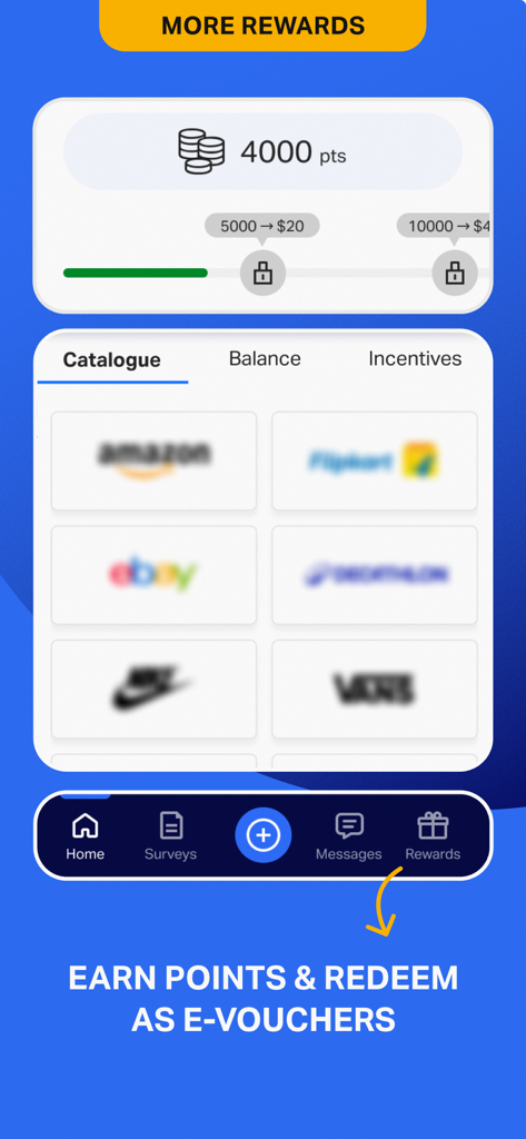 NielsenIQ Consumer Panelアプリの画面。ポイント残高とギフトカードの報酬カタログが表示されています。