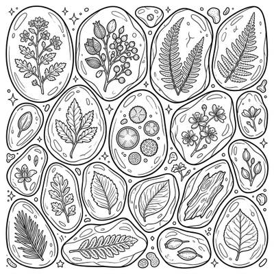 Step into a prehistoric world with this fascinating Amber Plant Inclusions coloring page. Explore a collection of beautifully preserved botanical elements, ready for your creative touch.