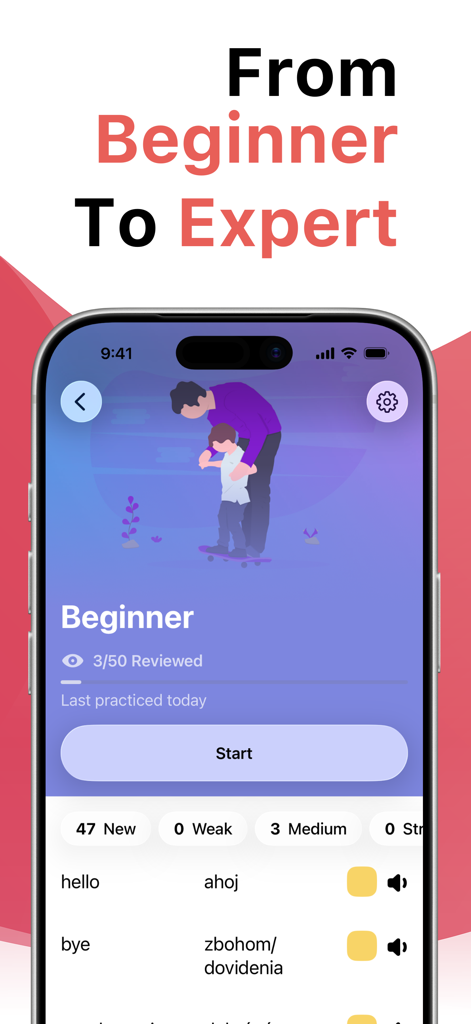 Screenshot del vocabolario di livello principiante e monitoraggio dei progressi nell'app Impara lo slovacco con LENGO