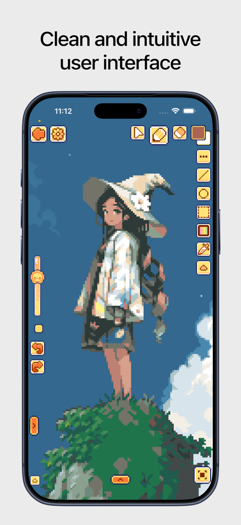 A pixel art illustration of a girl in a witch hat being edited on the Pixquare iPhone app interface with various tools visible