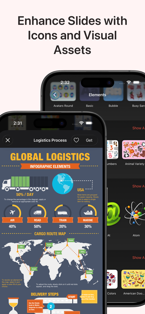 A display of logistics infographic templates and graphic icons for PowerPoint presentations.