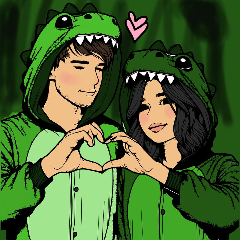 realistic couple wearing matching dinosaur onesies with heart hand gesture