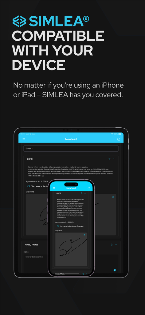 SIMLEA+ - SIMLEA lead capture app for trade shows displayed on iPhone and iPad screens