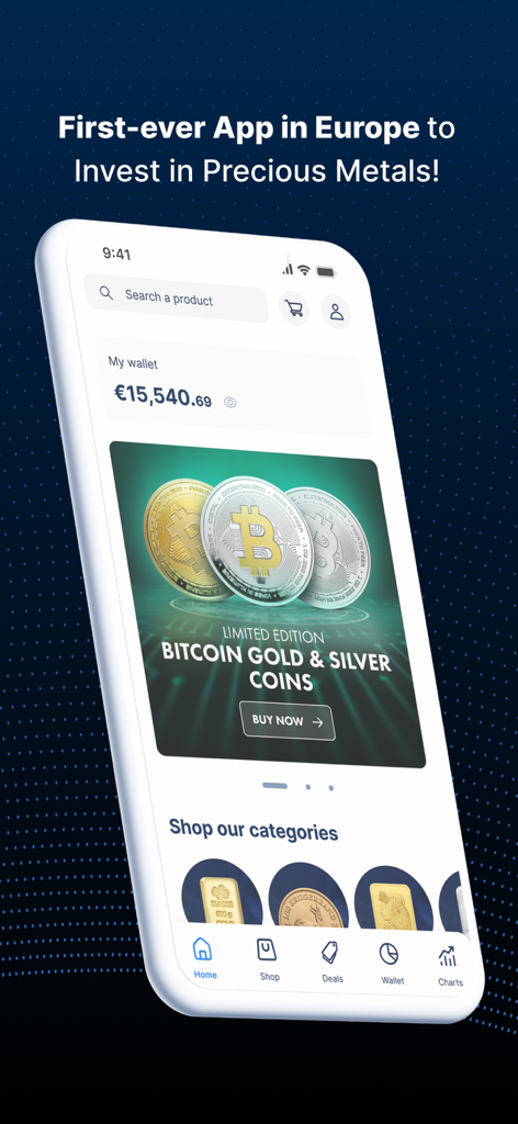 GOLD AVENUE: Buy Gold & Silver - The Gold Avenue app home screen displaying a wallet balance and a promotion for limited edition bitcoin gold and silver coins.